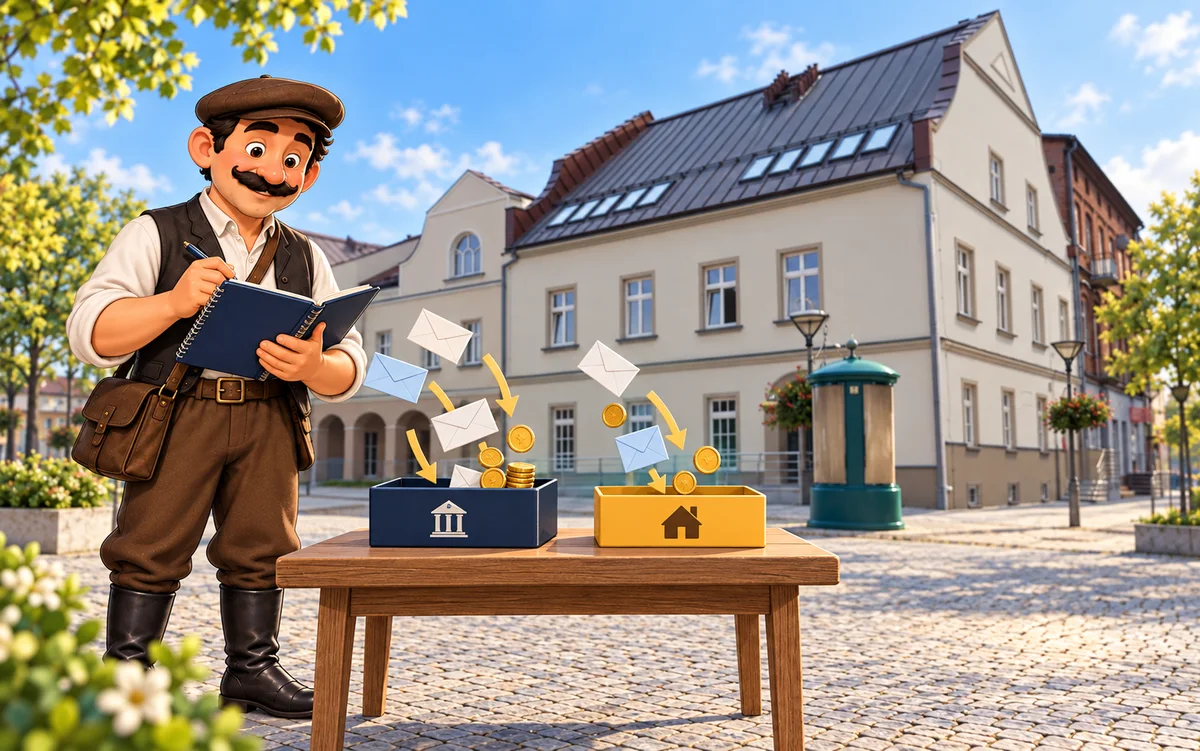 Ilustracyjna scena tego samego Czeladzianina sprawdzającego miejskie dochody przed CUSiAL przy Rynku 22 w Czeladzi