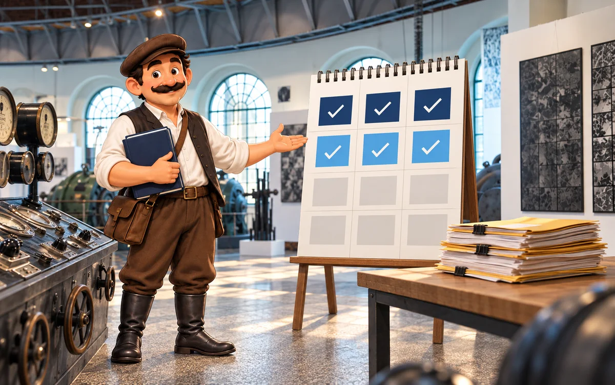 Ilustracyjna scena tego samego Czeladzianina porównującego plan budżetu z wykonaniem przed Galerią Sztuki Współczesnej Elektrownia w Czeladzi
