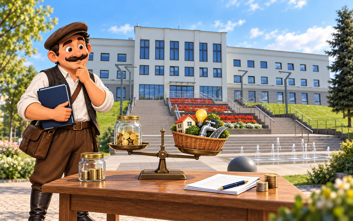 Ilustracyjna scena tego samego Czeladzianina wyjaśniającego finansowanie deficytu przed frontem Urzędu Miasta Czeladź