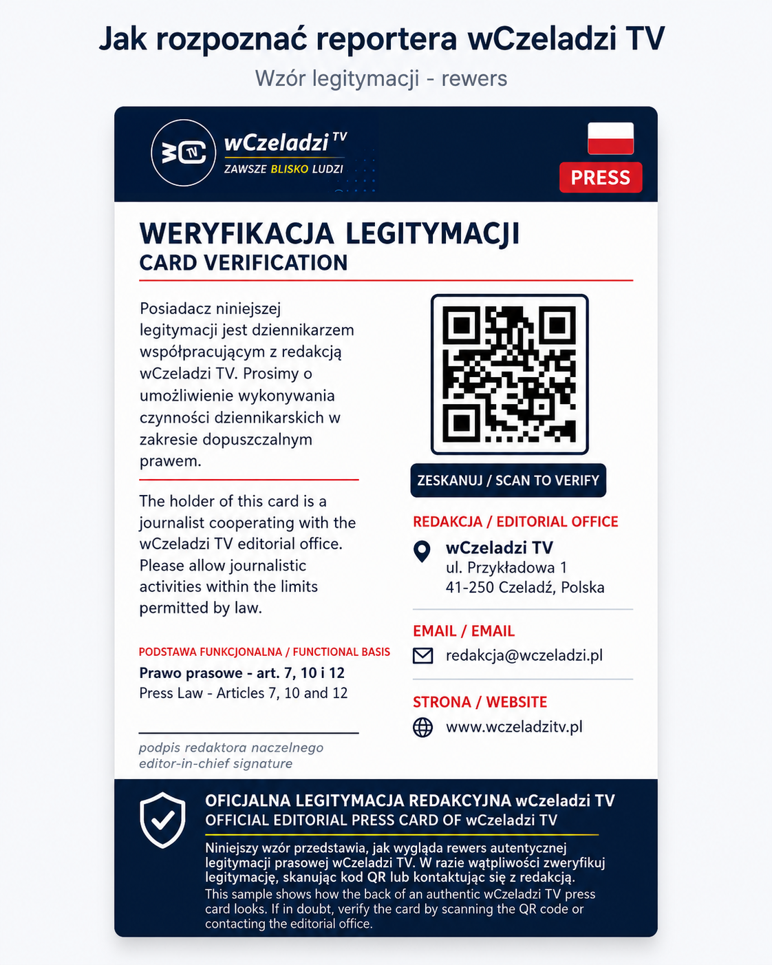 Wzór legitymacji prasowej wCzeladzi TV - rewers
