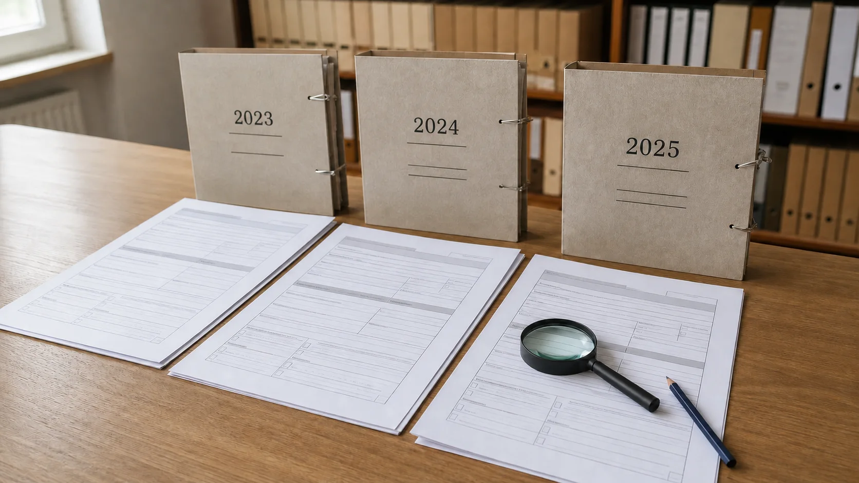 Anonimowe formularze i teczki z lat 2023, 2024 i 2025 przygotowane do porównania oświadczeń majątkowych