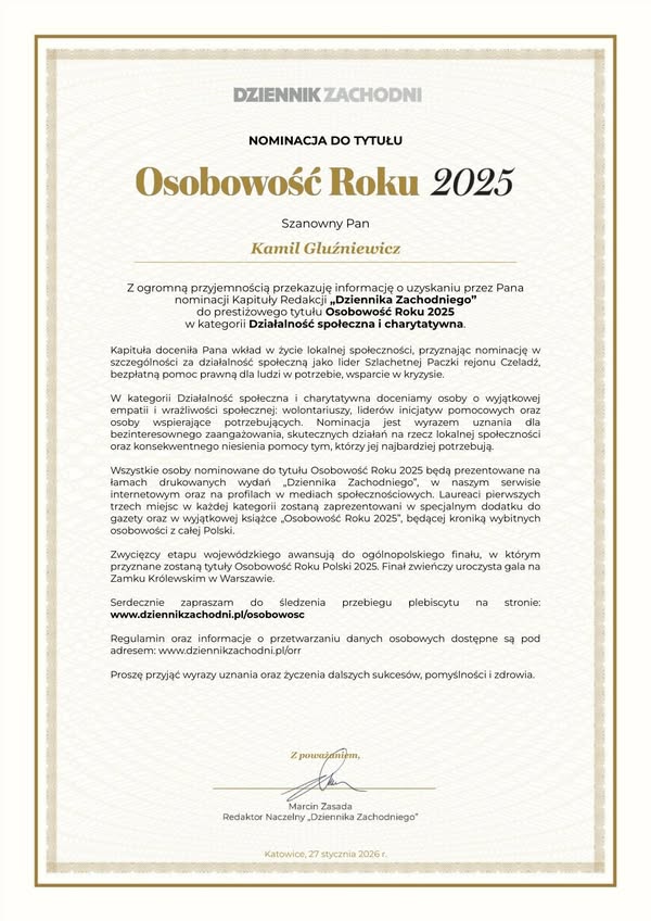 Udostępniamy informację od naszego lidera Szlachetnej Paczki w Czeladzi, który poinformował, że ktoś zgłosił go do tytułu Osobowości Roku Powiatu Będz