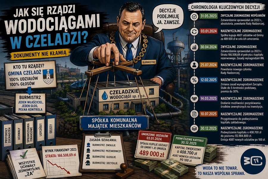 Jak naprawdę rządzi się Czeladzkimi Wodociągami. Dokumenty pokazują prosty mechanizm: jeden właściciel, jeden głos, pełna kontrola