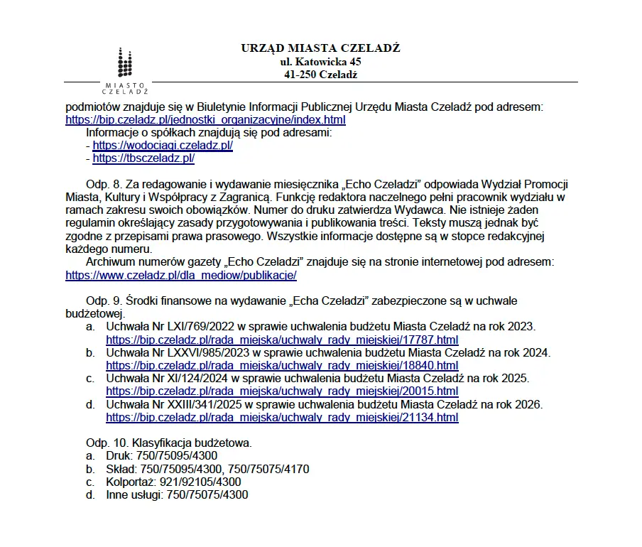 Czym właściwie jest „Echo Czeladzi” - niezależną prasą, miejskim biuletynem czy narzędziem promocji urzędu finansowanym z publicznych pieniędzy?
Pytamy też, dlaczego w marcu 2024 r., tuż przed wyborami samorządowymi, nakład wzrósł nagle do 12 000 egzemplarzy - i czy mieszkańcy mają prawo wiedzieć, kto i po co podjął taką decyzję.