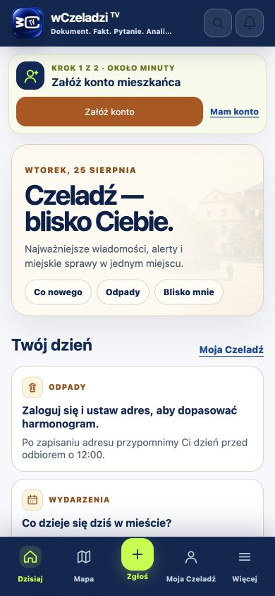 Ekran Dzisiaj aplikacji wCzeladzi TV z kartami odpadów, wydarzeń i Rady Miejskiej