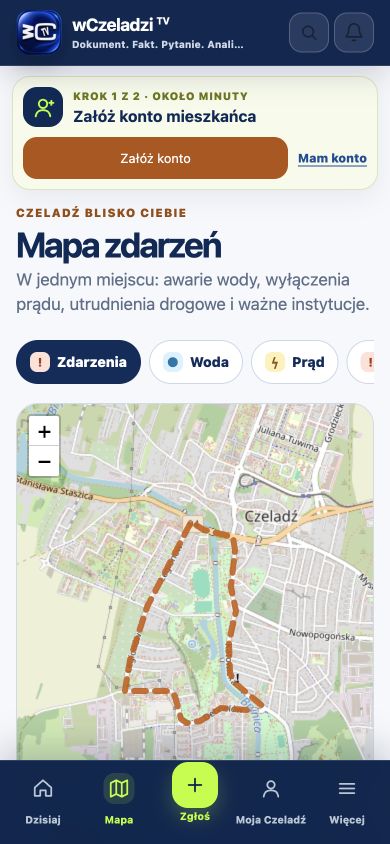 Mapa zdarzeń w Czeladzi z filtrami wody, prądu, dróg, dziur i instytucji
