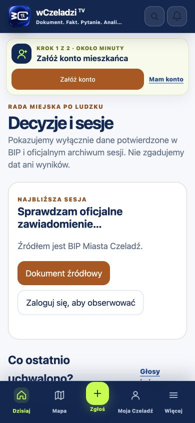 Ekran decyzji i sesji Rady Miejskiej w aplikacji wCzeladzi TV