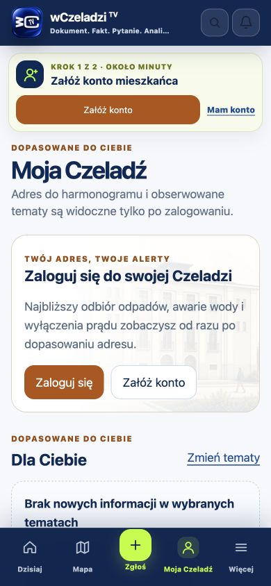 Ekran Moja Czeladź z logowaniem i personalizacją informacji