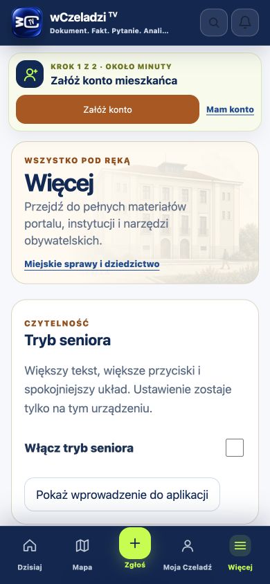 Ekran Więcej z trybem seniora i opcją instalacji aplikacji