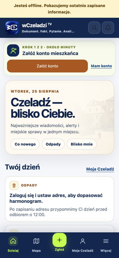 Ekran aplikacji wCzeladzi TV z komunikatem o braku połączenia z internetem