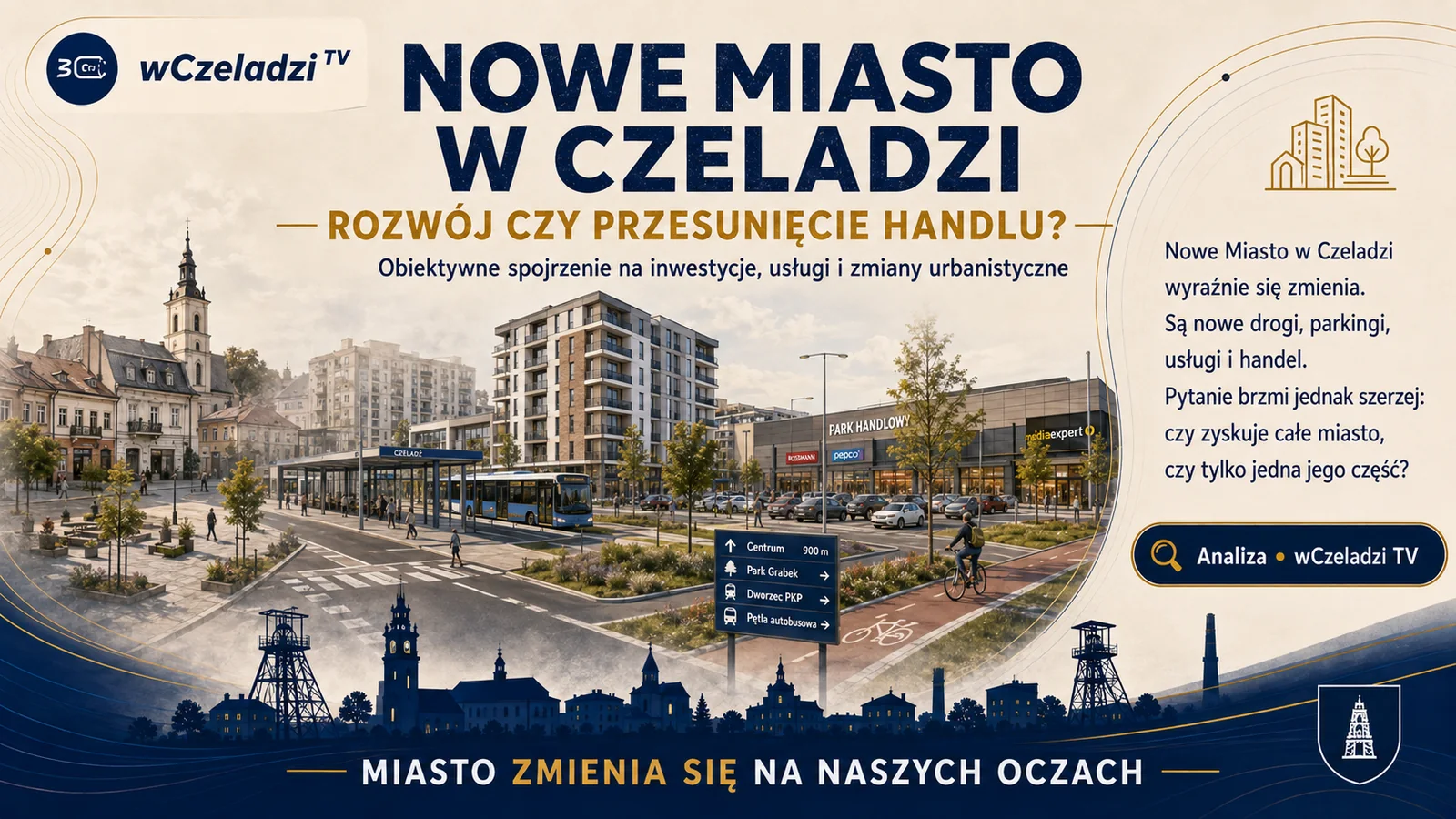 Ilustracyjna panorama Czeladzi łącząca historyczne centrum, zabudowę mieszkaniową, komunikację publiczną, drogi rowerowe i współczesny handel.