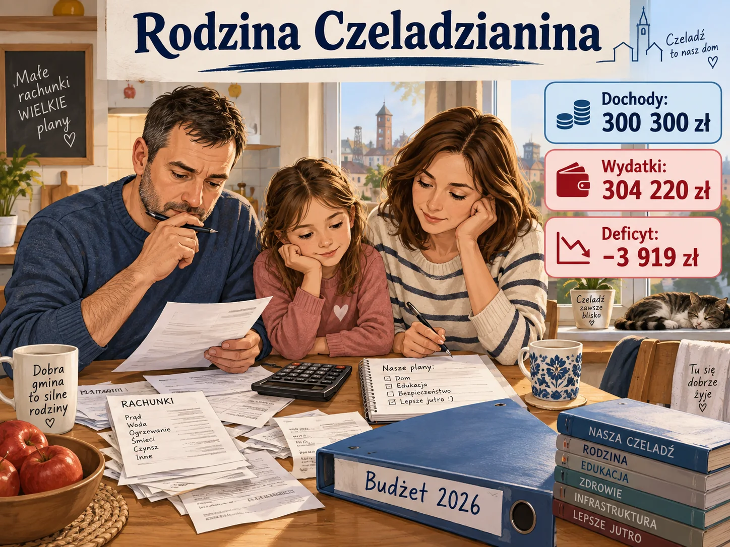 Ilustracja AI: Rodzina Czeladzianina przy stole z budżetem 2026 — dochody 300 300 zł, wydatki 304 220 zł i deficyt 3 919 zł.