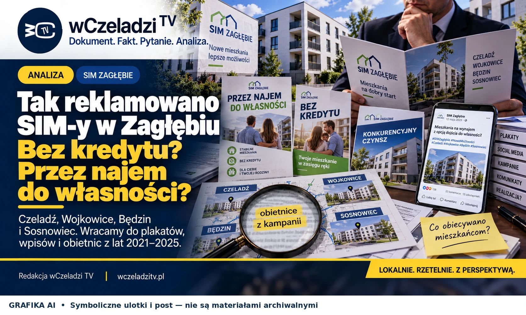 Ilustracja redakcyjna AI o promocji SIM Zagłębie. Widoczne ulotki i post są symboliczne, nie autentyczne.