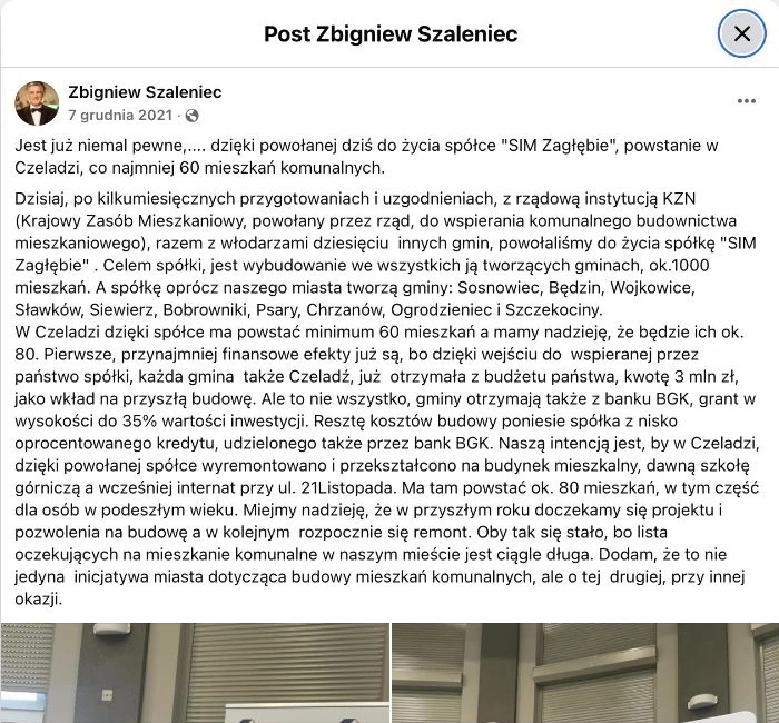 7 grudnia 2021 r. Zbigniew Szaleniec zapowiadał mieszkania w dawnej szkole górniczej, posługując się określeniem „komunalne”.