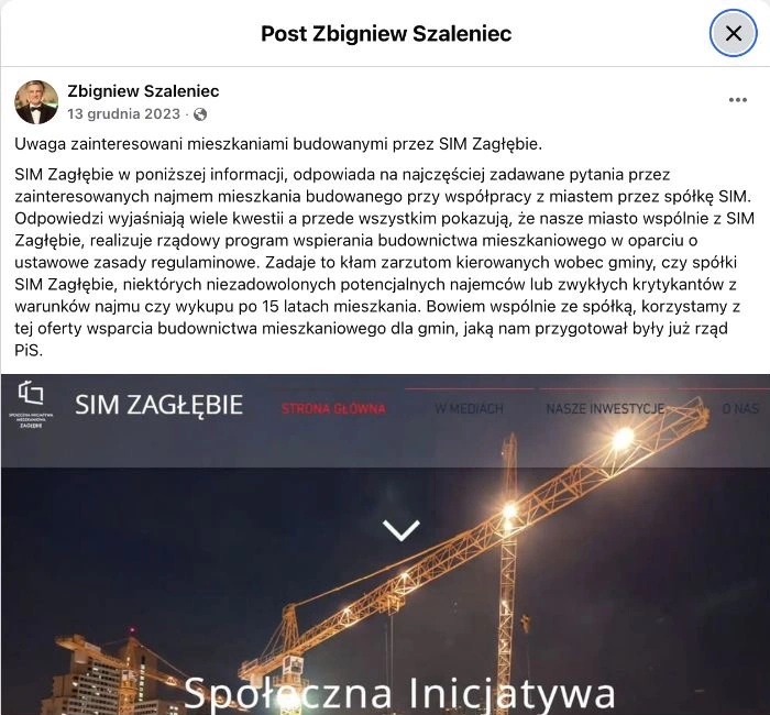 13 grudnia 2023 r. Zbigniew Szaleniec odnosił się do pytań o najem i wykup. Widoczny jest jego komentarz i podgląd odsyłacza, nie pełna historyczna treść odpowiedzi SIM.