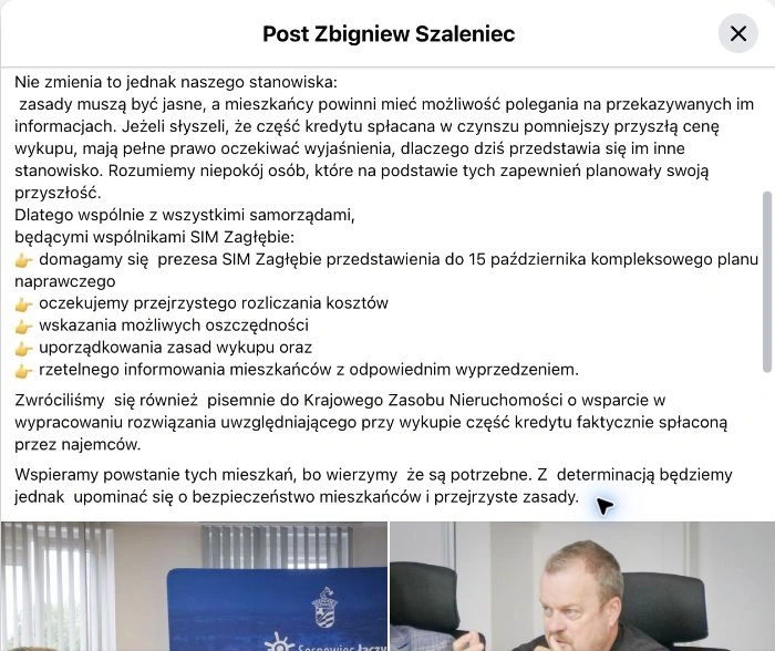 Dwa kolejne ujęcia późniejszego stanowiska Zbigniewa Szaleńca. Dokumentacja datowana na 29 września 2026 r.; na samym wpisie widać czas względny „9 godz.”. Druga część zawiera żądanie planu naprawczego do 15 października. Ujęcie 2 z 2.