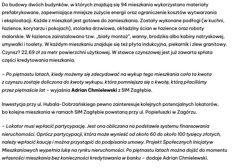 Portal Sosnowca, 2 grudnia 2025 r. Fragment dotyczący czynszu i rozliczenia wykupu. Wypowiedź o pomniejszeniu ceny przypisano Adrianowi Chmielewskiemu z SIM, nie prezydentowi miasta. Pełna strona znajduje się w archiwum.