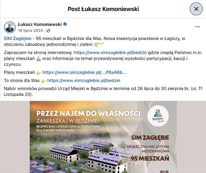 16 lipca 2024 r. Post Łukasza Komoniewskiego z grafiką „Przez najem do własności” i odesłaniem do warunków finansowych.