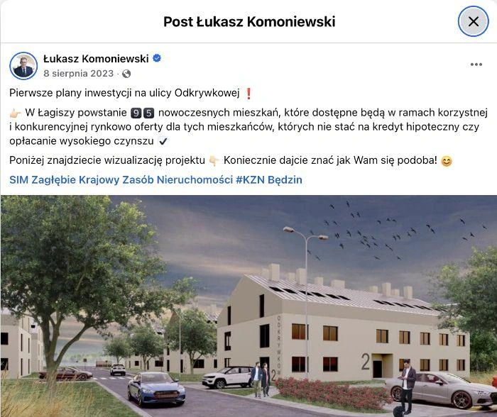 8 sierpnia 2023 r. Łukasz Komoniewski ponownie opisywał inwestycję jako konkurencyjną cenowo ofertę dla osób poza rynkiem kredytowym.