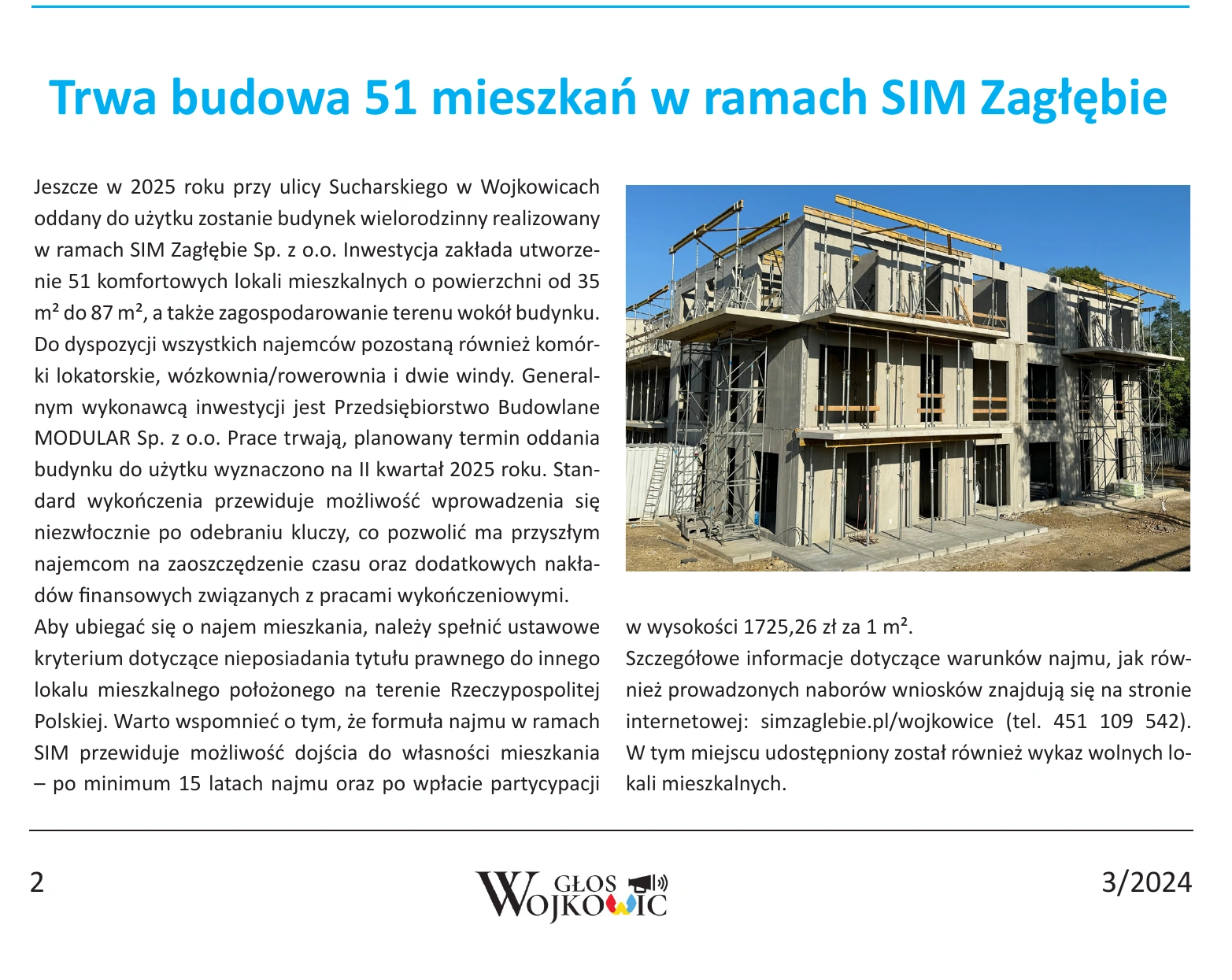 „Głos Wojkowic” nr 3/2024, s. 2. Fragment całego artykułu o SIM: standard lokali, termin, partycypacja oraz możliwość wykupu. Pełna strona zachowana w archiwum.