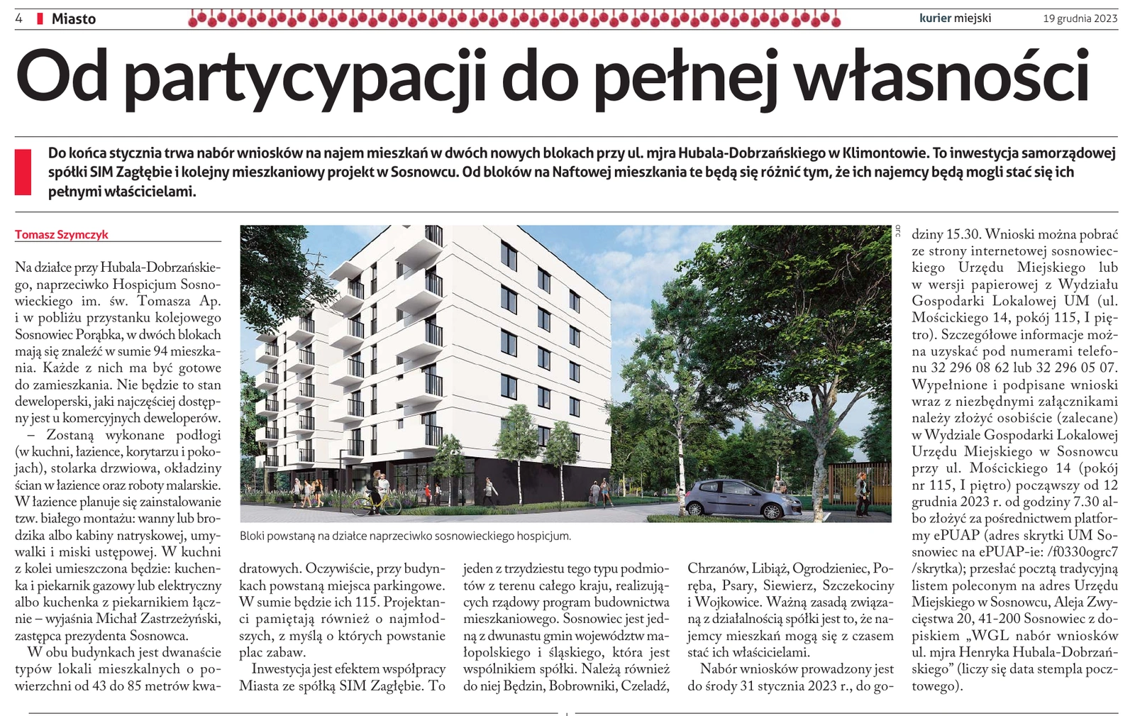 „Kurier Miejski” nr 20 (505), 19 grudnia 2023 r., s. 4. Artykuł Tomasza Szymczyka „Od partycypacji do pełnej własności”. Wycięto dolne, niezwiązane materiały strony; tekst artykułu pozostawiono w całości.