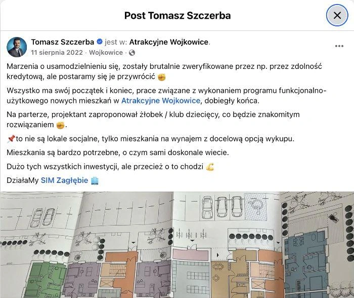 11 sierpnia 2022 r. Tomasz Szczerba przedstawiał ofertę jako najem z docelową opcją wykupu, odnosząc ją do trudności z uzyskaniem kredytu.
