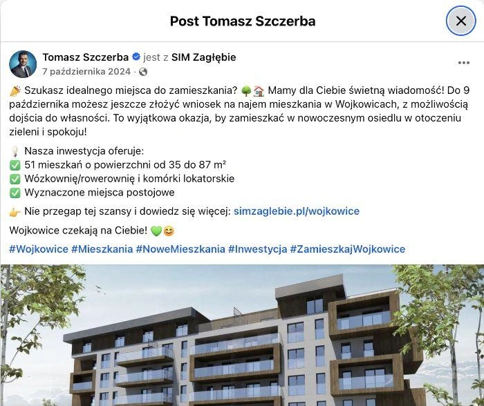 7 października 2024 r. Kolejny wpis burmistrza Wojkowic łączył zachętę do naboru z możliwością dojścia do własności.