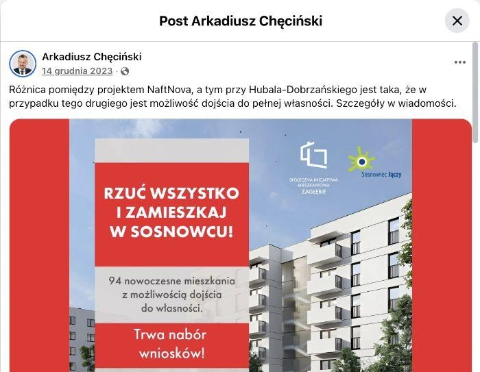 14 grudnia 2023 r. Arkadiusz Chęciński wskazywał możliwość pełnej własności jako różnicę między lokalami SIM a inwestycją przy Naftowej.