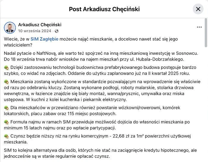 10 września 2024 r. Dwa kolejne ujęcia wpisu Arkadiusza Chęcińskiego. W treści są jednocześnie stawka 22,68 zł/m², perspektywa własności i informacja o partycypacji. Ujęcie 1 z 2.