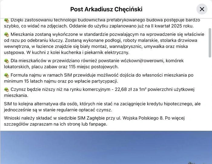 10 września 2024 r. Dwa kolejne ujęcia wpisu Arkadiusza Chęcińskiego. W treści są jednocześnie stawka 22,68 zł/m², perspektywa własności i informacja o partycypacji. Ujęcie 2 z 2.