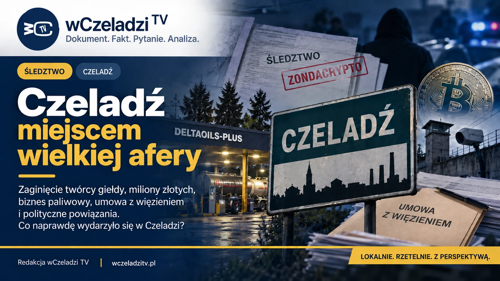 Ilustracja AI do analizy czeladzkiego wątku Zondacrypto: napis Czeladź, symbol kryptowaluty i motywy dokumentów oraz bazy paliwowej.