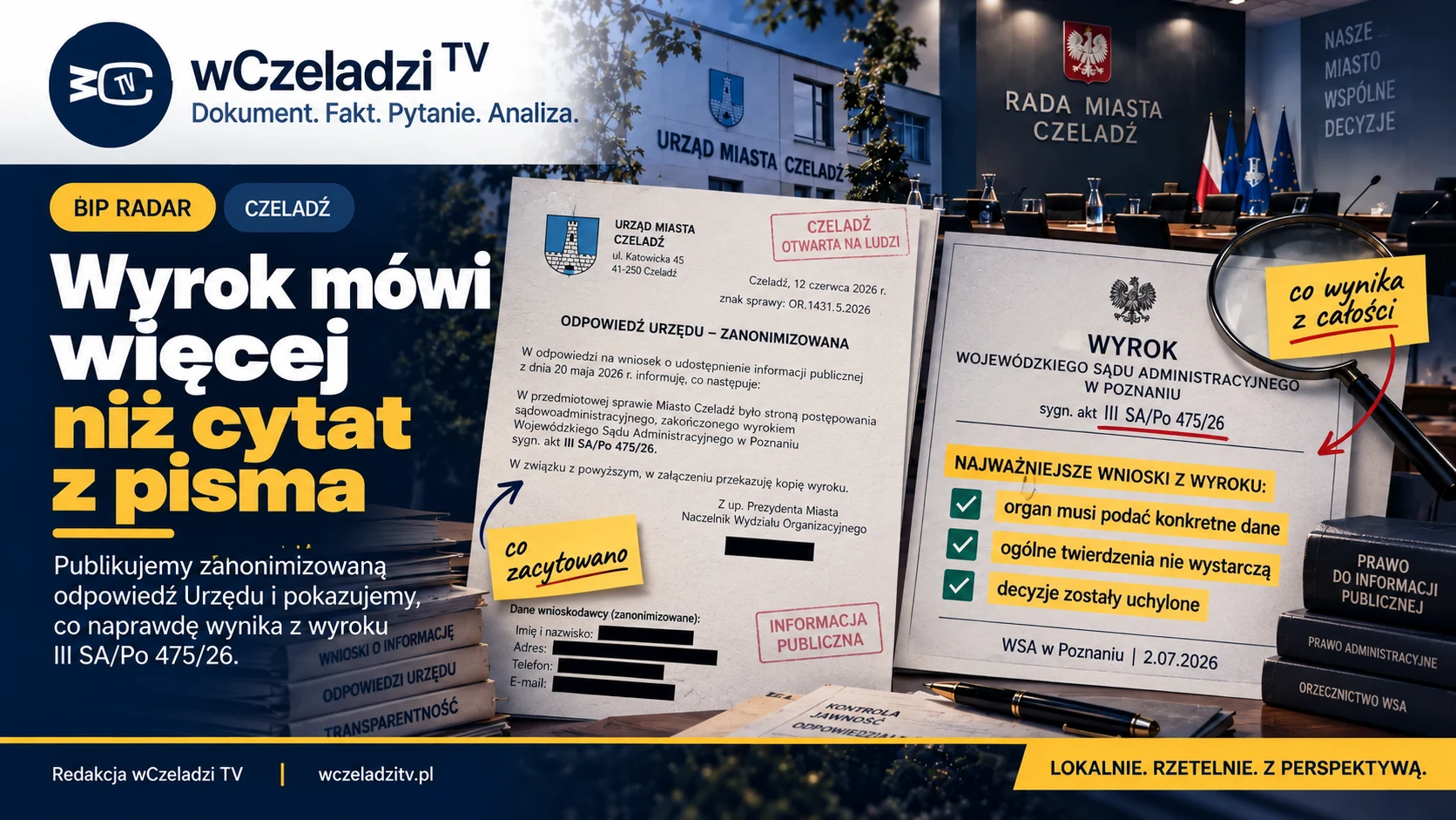Grafika redakcyjna zestawiająca odpowiedź Urzędu Miasta Czeladź z najważniejszymi wnioskami z wyroku WSA w Poznaniu