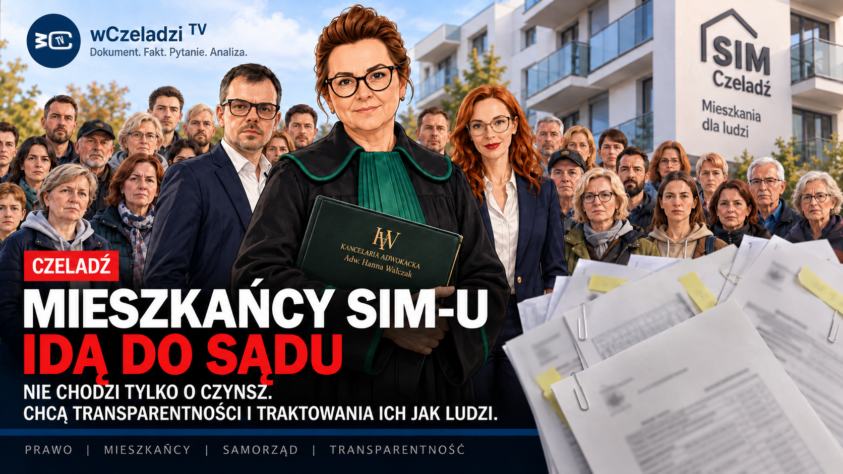 Ilustracja redakcyjna AI: mieszkańcy SIM, pełnomocniczka i zanonimizowane dokumenty na tle inwestycji mieszkaniowej w Czeladzi; grafika nie przedstawia uczestników postępowań.