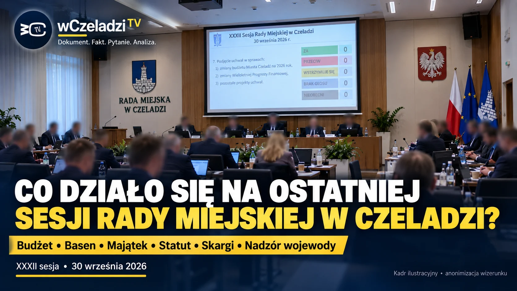Ilustracyjna, zanonimizowana grafika sali obrad Rady Miejskiej w Czeladzi z nagłówkiem artykułu o XXXII sesji.