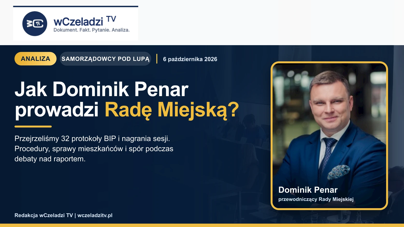 Dominik Penar i sala sesyjna Rady Miejskiej w Czeladzi — grafika analityczna wCzeladzi TV